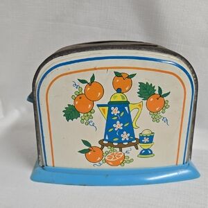 Vintage Metal Tin Child's Toy Toaster CUTE Bright Graphics Blue Orange Yellow